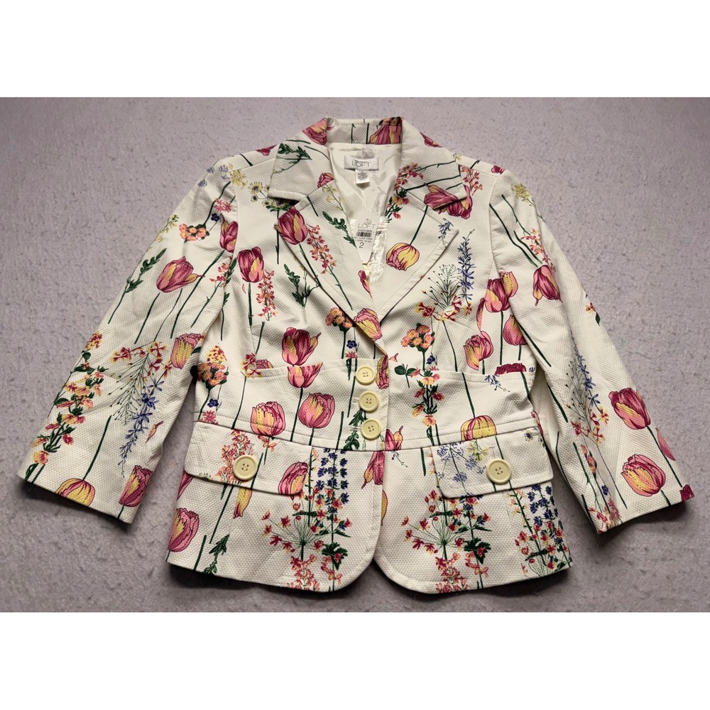 Ann Taylor Loft Floral Blazer Jacket White Tulip Print Cotton Pique NWT Size 2